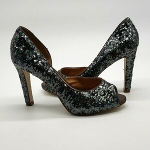 SHOESTOCK women US 10 EU 41 silver pewter heels peep toe sequin open Dorsay side